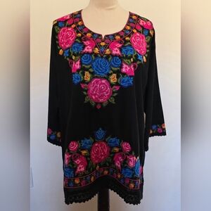 Vibrant Floral Embroidered Black Tunic XL 3/4 Sleeves